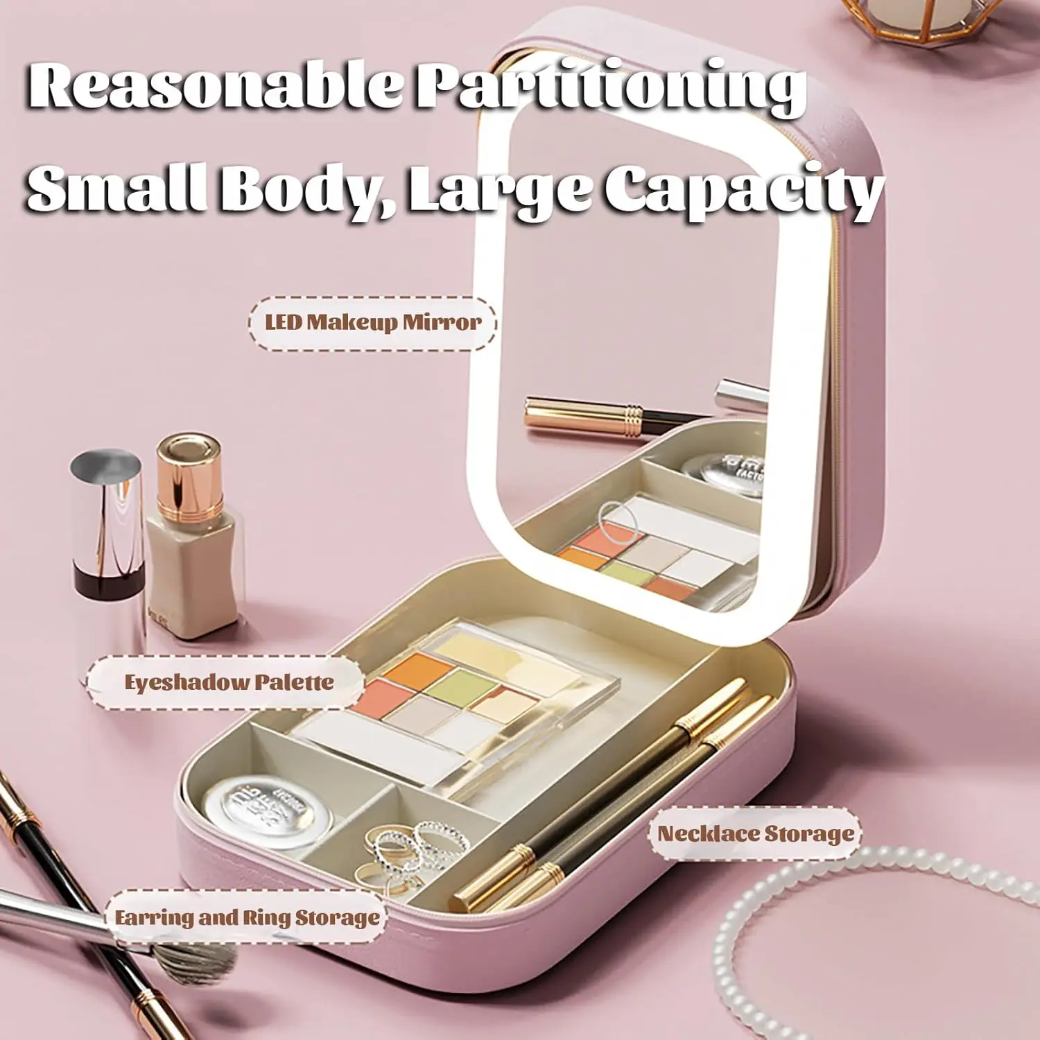 Travel PU Makeup Bag With LED Mirror And Light,Mirror Adjustable Brightness Smart LED Cosmetic Case Portable Gift For Girl Women