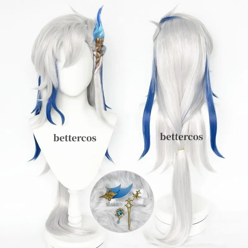 Fontaine Cosplay Neuvillette Cosplay Wig Long Silver White Blue Wig Heat Resistant Synthetic Anime Wigs Wig Cap