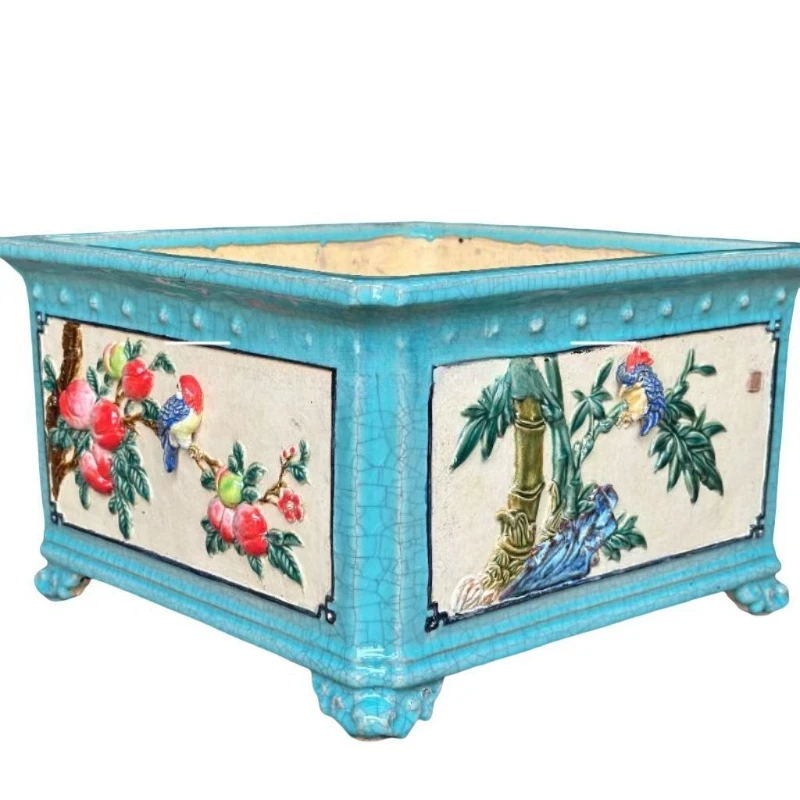 Flower pot, square pot, all handmade, four-sided applique glazed, all hand-pulled embryos, all hand-made, bonsai home pendulum