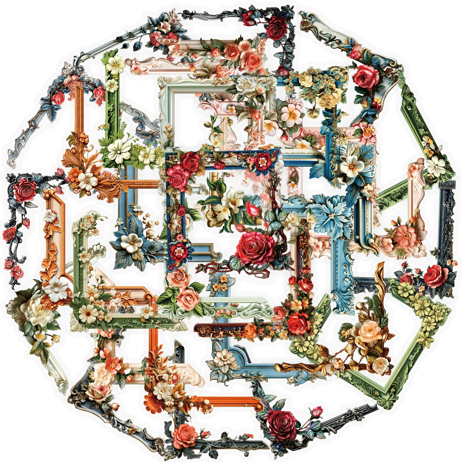 

10/56PCS Floral Frame Art Graffiti Decals Vintage Corner for Water Cup Cell Phone Laptop Notebook Stationery Luggage