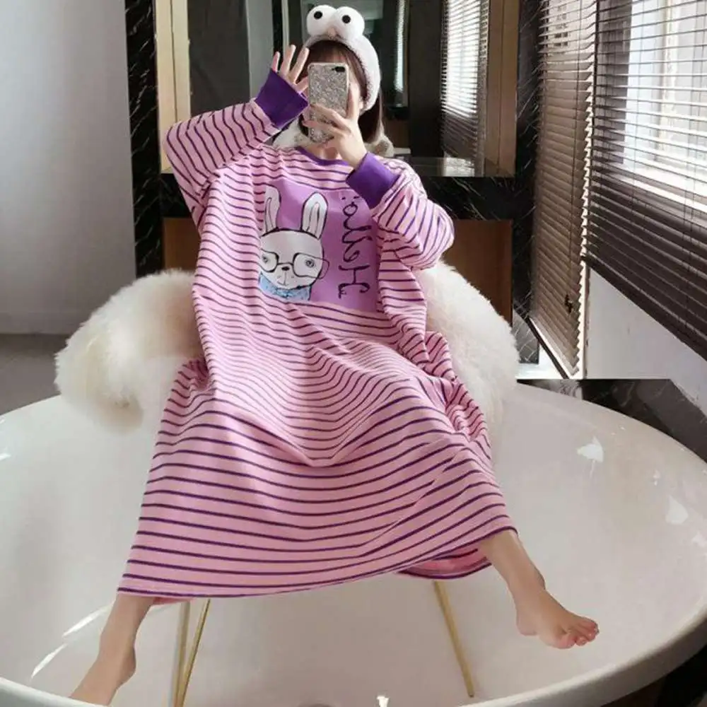 Plus size 5XL 140KG Autumn Long Night Dress Long Sleeve Women O-Neck Cartoon Printed Sleepwear Casual Oversized Home Dress