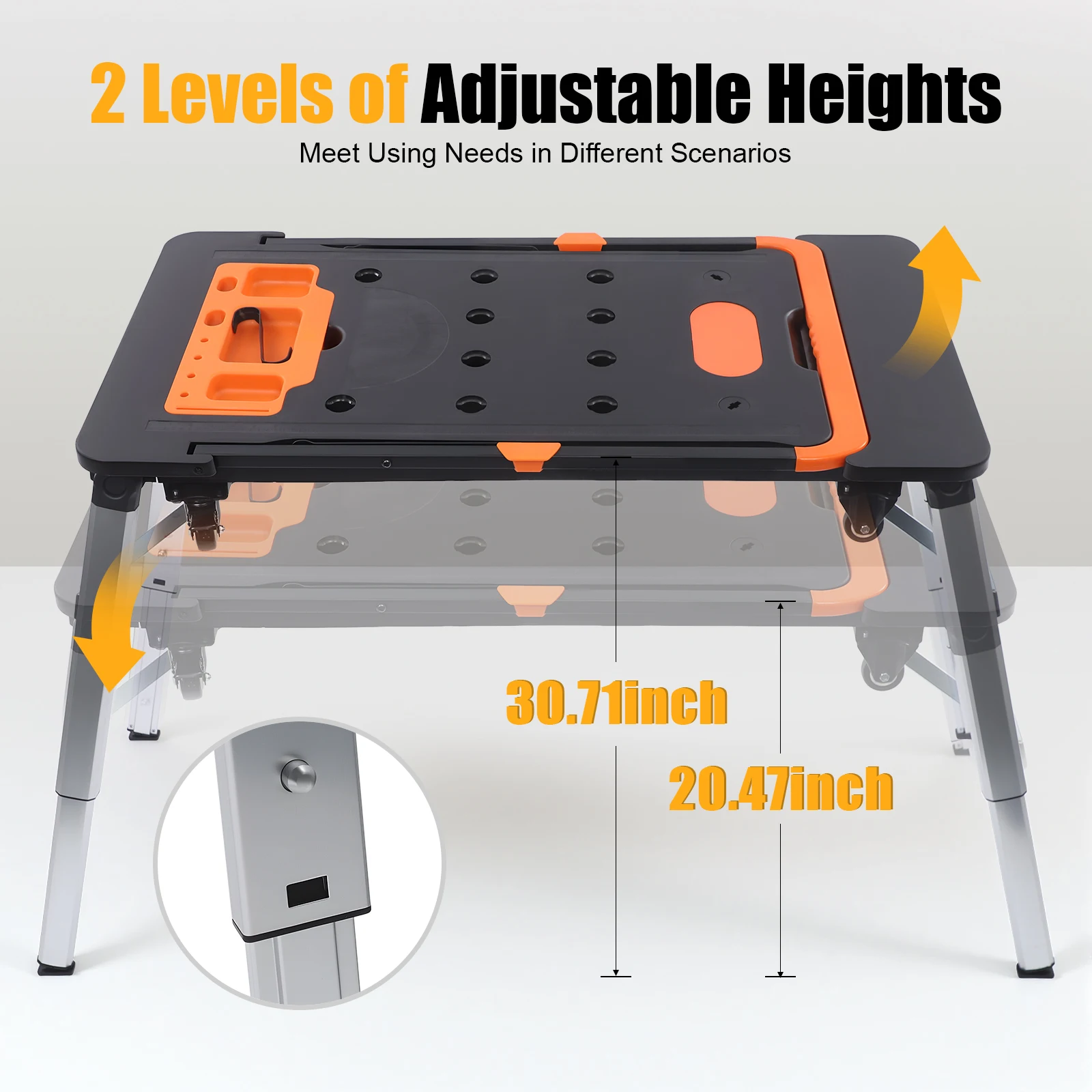 7-in-1 Multifunctional Work Platform – Foldable Sawhorse Scaffold Cart, 551 lbs Capacity, Adjustable Height, Tool Tray & Wheels, DIY Home Repair – Black