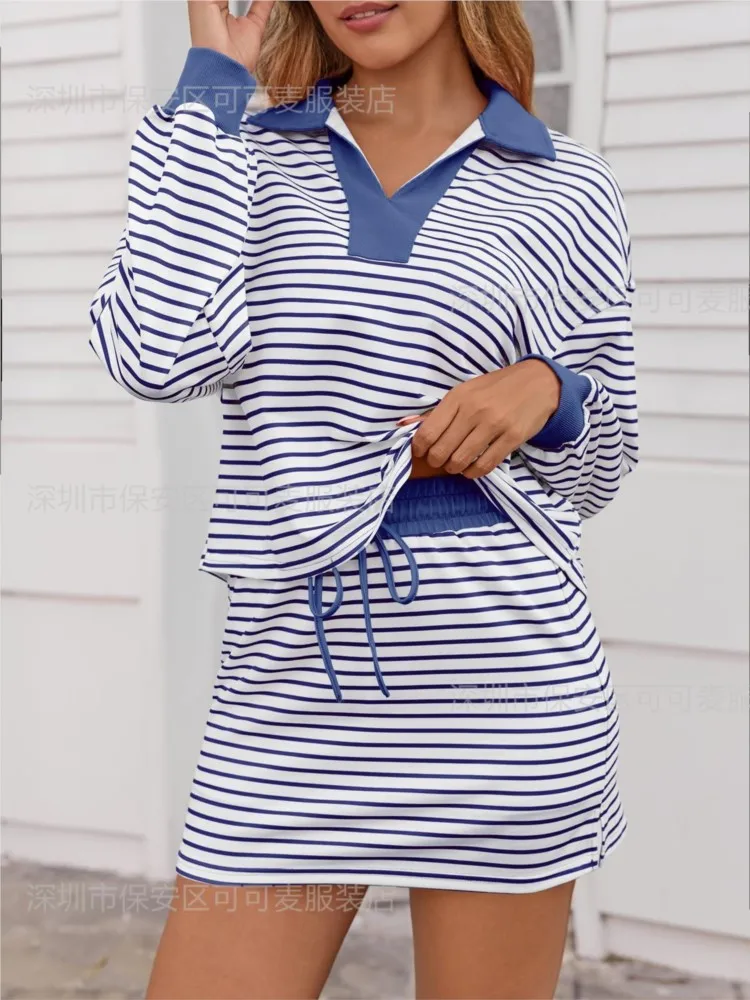 

Fashion Striped V Neck Long-sleeved Sweatshirt + Skirt 2 Piece Set Autumn New Casual Loose Elastic Waist Women's Mini Skirt Suit