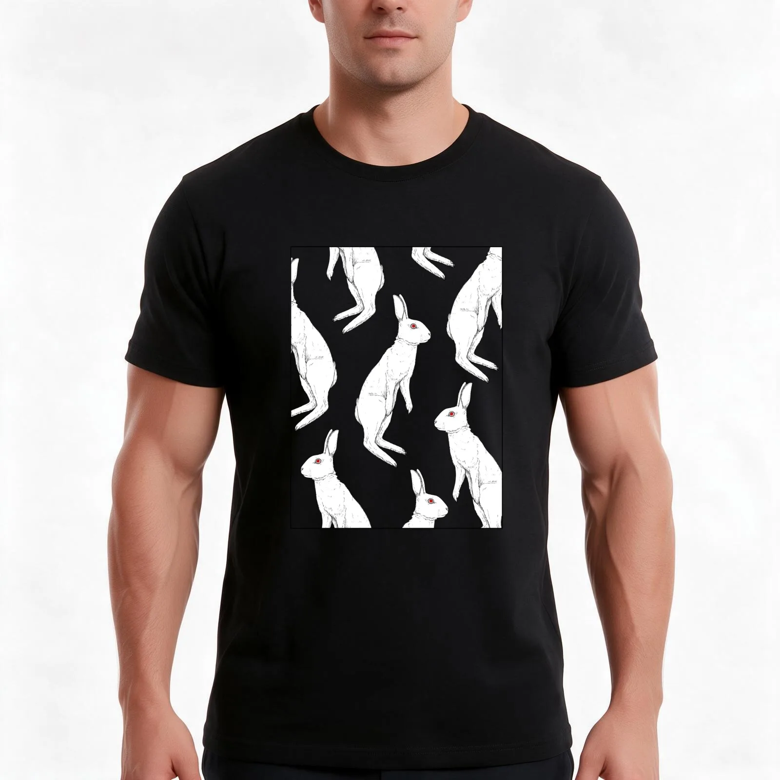 Floating bunnies T-Shirt, Summer Casual Cotton Tee, Oversized Streetwear Tops, Vintage Graphic Print, Loose Fit Short Sleeve