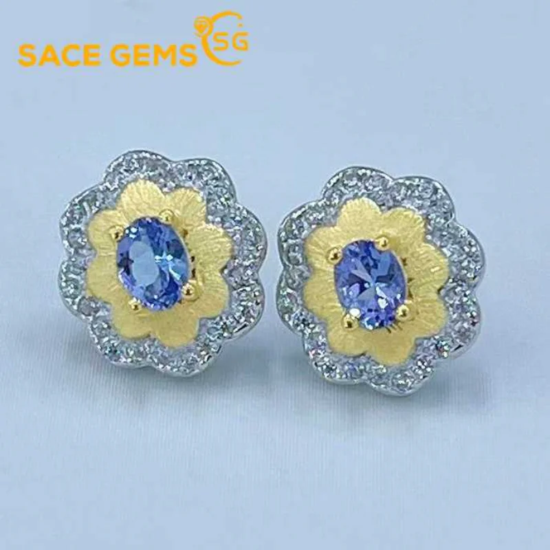 SACE GEMS Fashion Drop Earrings for Women 925 Sterling Silver 3*4MM Tanzanite Stud Earrings Wedding Party Fine Jewelry Gift