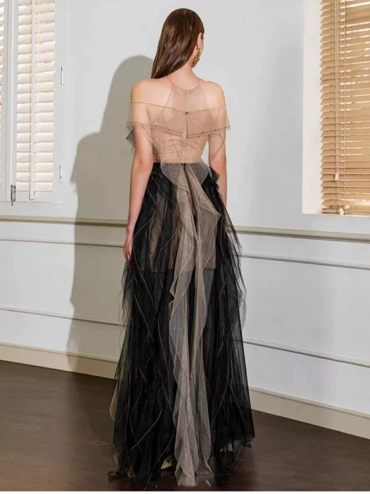 Sexy O Neck Short Seeve Colorblock Flower Long Dress Summer Women Mesh Patchwork Tassel Slim Dresses Evening Party Cocktail Gown