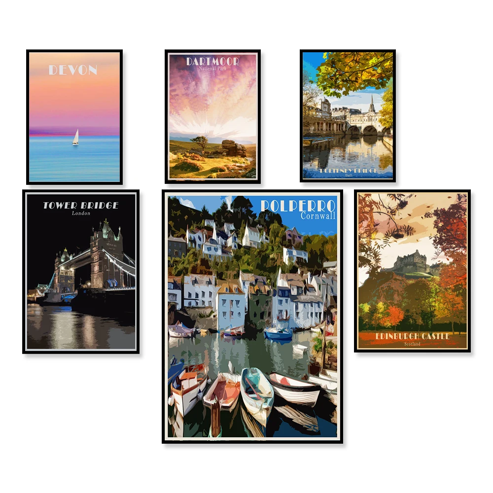 

England, Manchester, Wiltshire, Stonehenge, Windsor Castle, Pultney Bridge, Devon, Cornwall, Edinburgh Castle travel poster