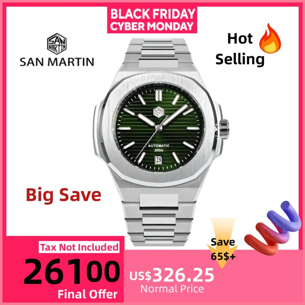 

San Martin Наручные часы для мужчин Механические водонепроницаемые часы Роскошный браслет Автоматический дайвер Ретро Классика 20 бар Светящиеся SN0075