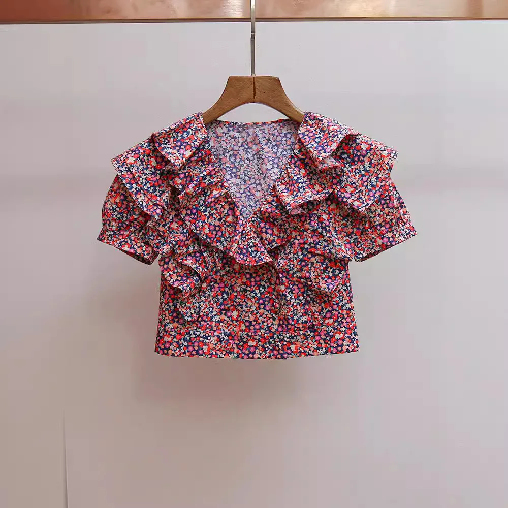 

Sweet Floral Print Short Sleeve V-Neck Shirt Women's Top Age-Defying Commute Style Loose Fit Cotton Chinese Made Summer Shirt