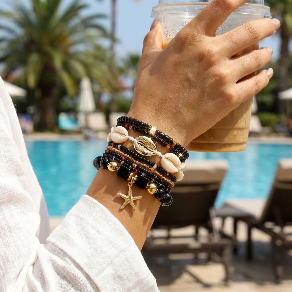 Bohemian Shell Starfish Beads Elastic Bracelet Set for Women Colorful Resin Conch Layered Bracelet Summer Party Jewelry Gift view 4