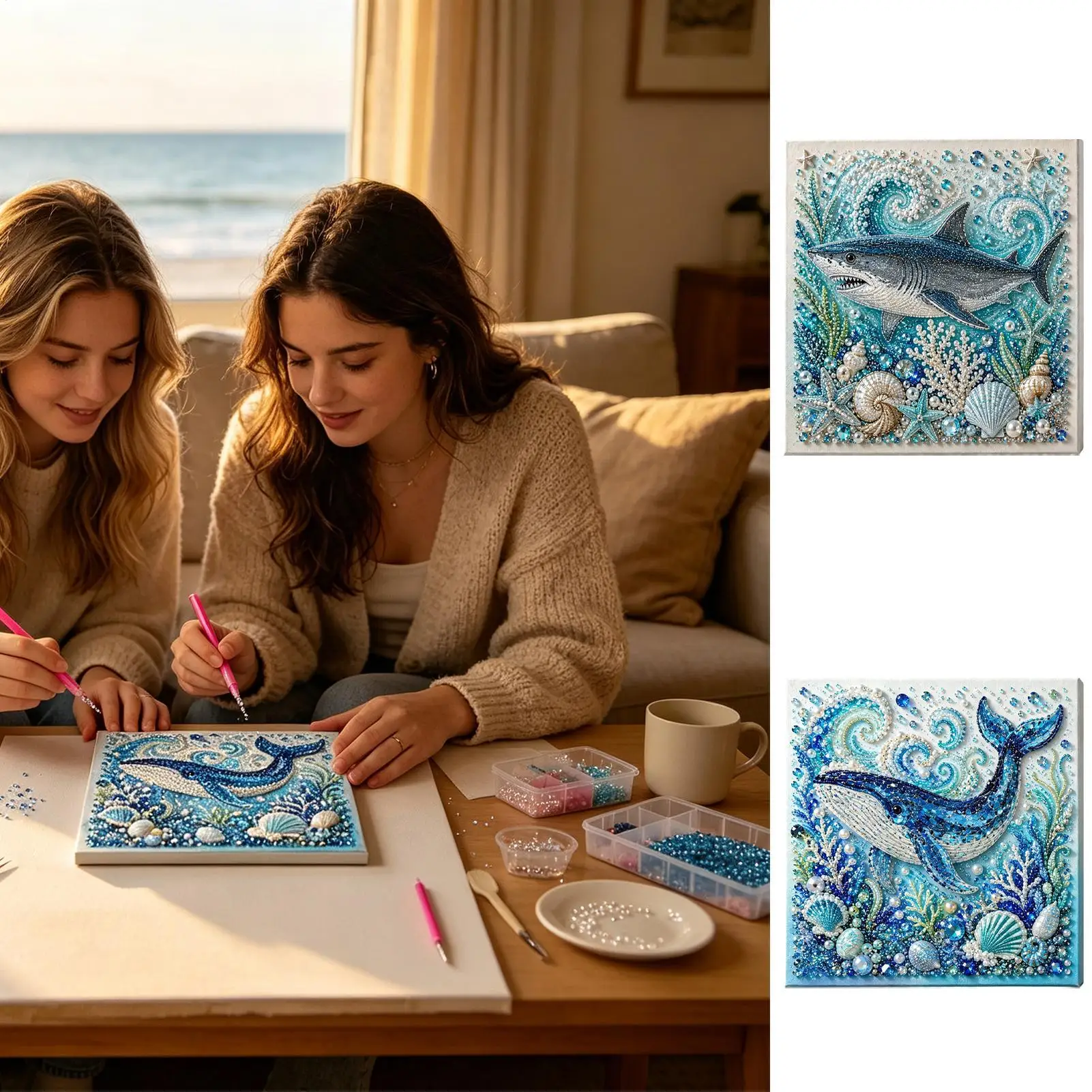 Rhinestone Art Pearl 3D Sparkling Coastal DIY Craft Decoration Rhinestone Painting Kit for Beginner Party Craft Activity Home