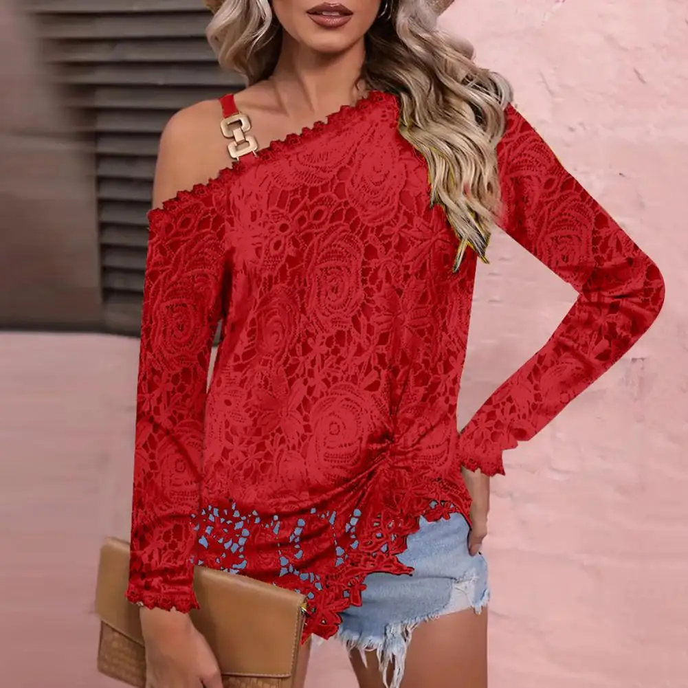 

Women Spring Blouse Elegant One Shoulder Lace Top with Flower Embroidery Chain Decor Women Top