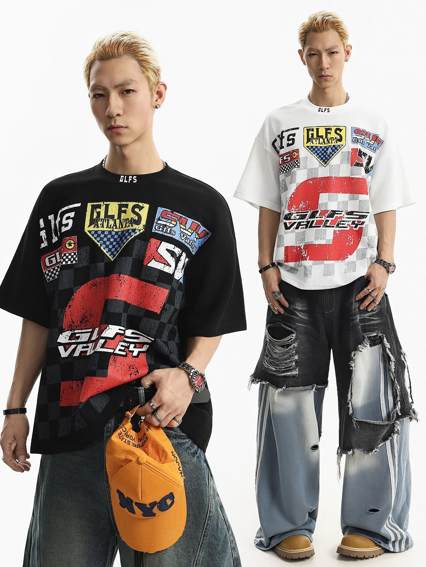 BETEBULE American High Street Letter Print round Neck Short Sleeve T-Shirt Men Summer Motorcycle Style Loose Wafer Grid Top