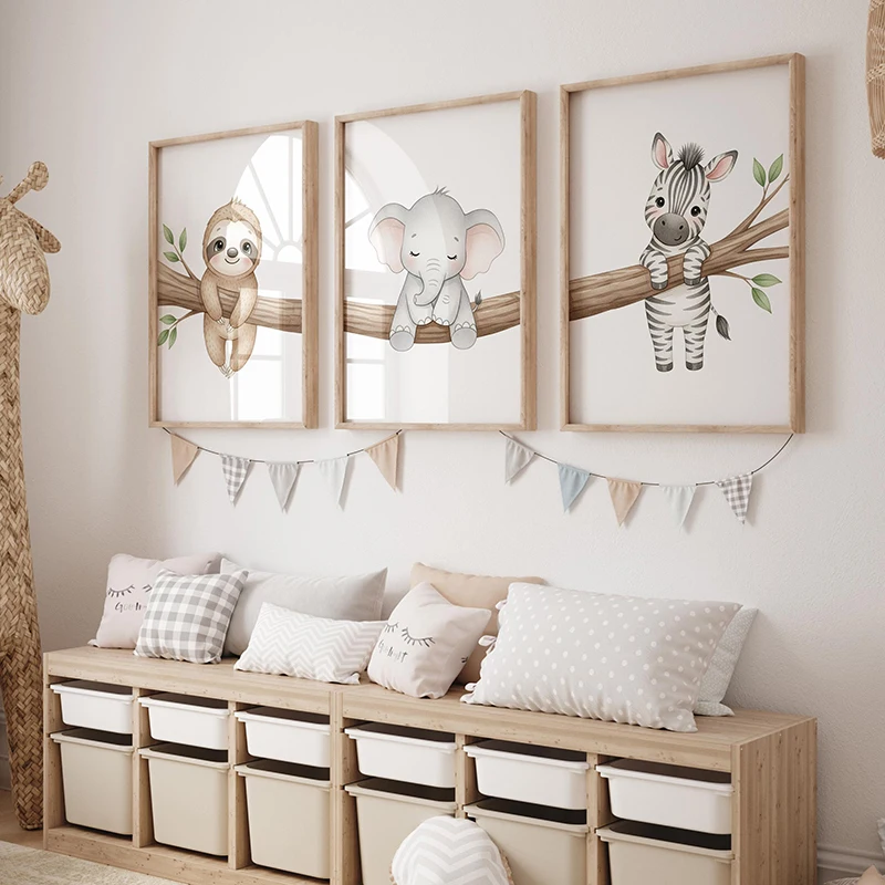 1pc frameless Canvas Painting Cute Animal Wall Art Poster Sloth Elephant and Zebra with Tree Nursery Canvas Painting Prints for