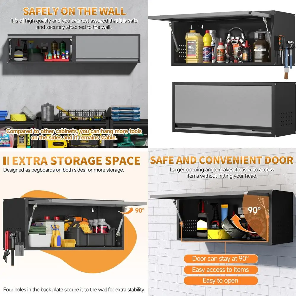 

Стальной настенный шкаф с дверцей с выступающим верхом, вентилируемый, для дома, офиса, кухни и гаража (черный и серый, 13,8 фута высотой)