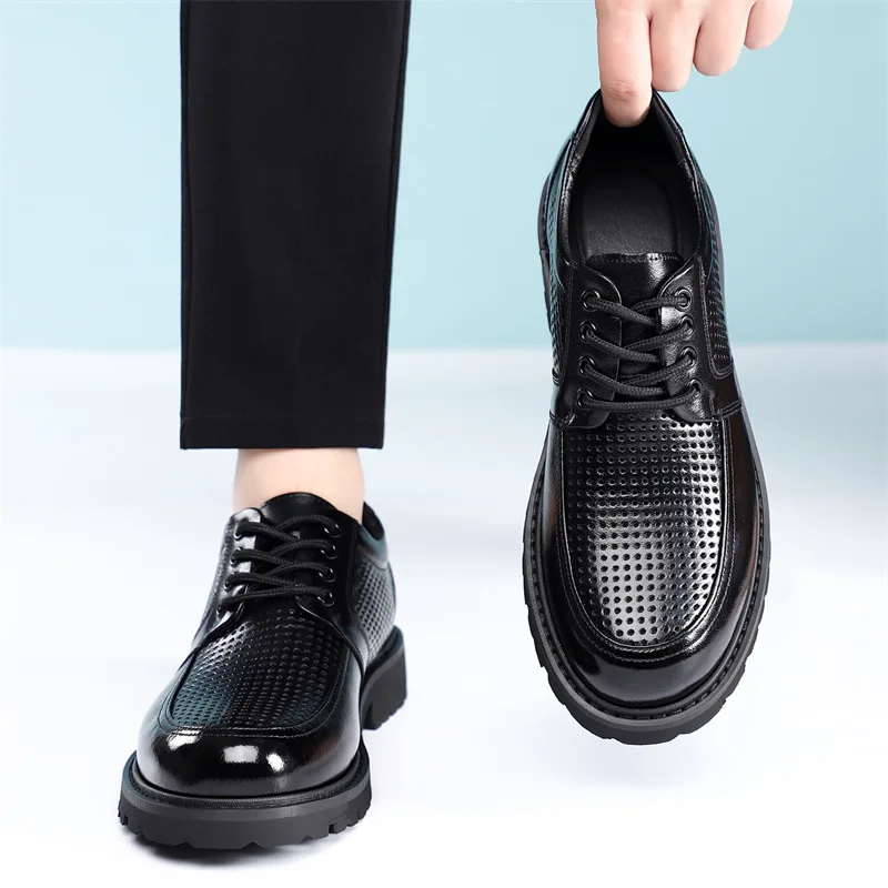 2026 Summer New Hallow Leather Shoes for Men Black Fashion Business Dress Shoes Male Lace Designer Platform Shoe Man - Image 3
