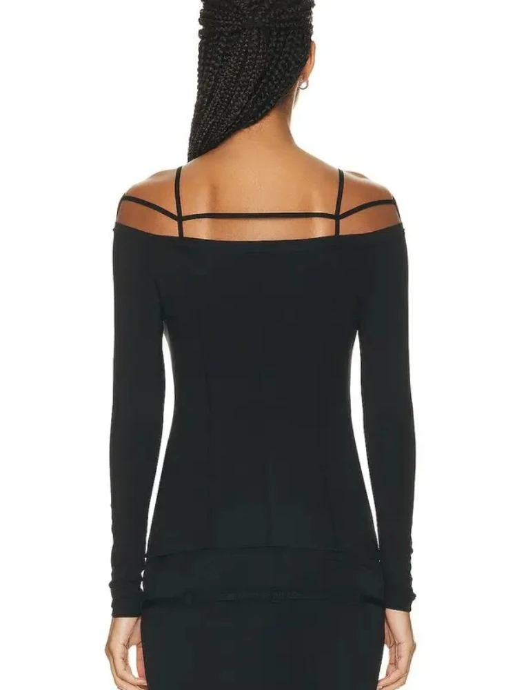 Ja marca design fora do ombro letras de metal manga comprida algodão elasticidade camiseta para mulher magro ajuste tshirt roupas superiores