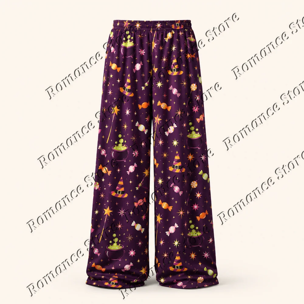 Black Halloween Retro Pumpkin Moon Star Women Wide Leg Pajama Pants Trousers Holiday Casual Milk Silk Wear Sleepwear Bottoms 6