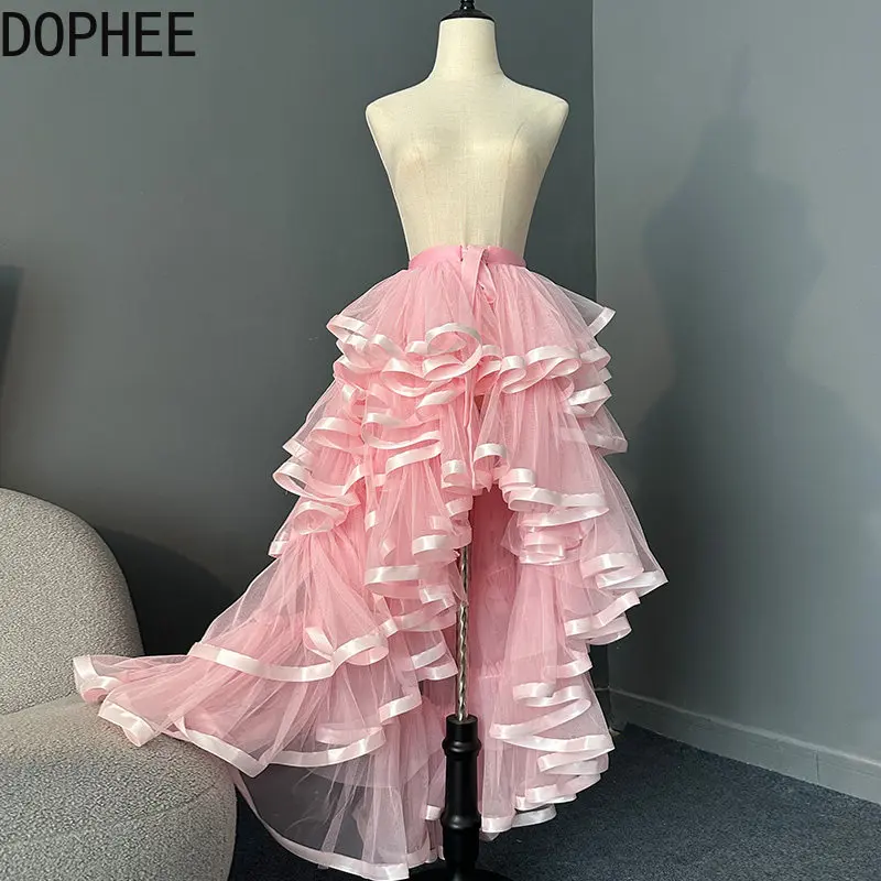 Original Ribbon Short Front Long Back Ruffles Lace-up High Waist Puffy Skirt Fashion Show Performance Fairy Trailing Skirts