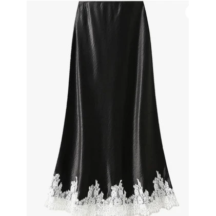 Elegant Double-Sided Satin A-Line Long Skirt with Lace Trim High Waist Bodycon Evening Gown Tailored Draping for Women