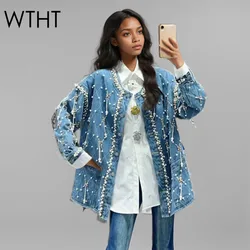 WTHT New Trendy Women's Plaid Tassel Diamonds Denim Jacket 2025 Spring Fashion O-neck Long Sleeve Mid-length Coat Female 1LS709