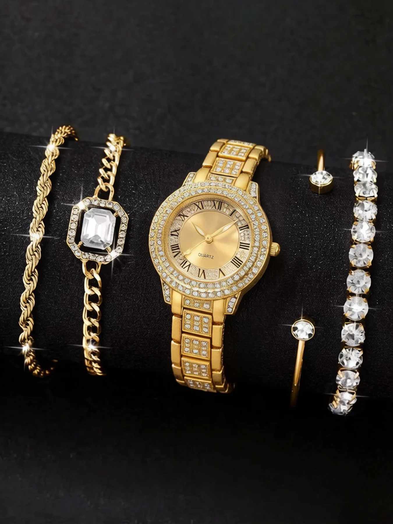 5-piece fashionable women's Roman pattern watch set, treasure bowl quartz watch set, full diamond bracelet quartz watch set