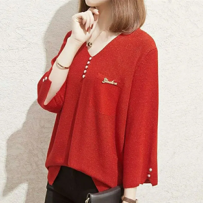 

Korean Lady Large Size 4XL Pullover Knitted Coat Spring Autumn Women V-neck Loose Knitwear Top Female Ice Silk Thin Knit Sweater