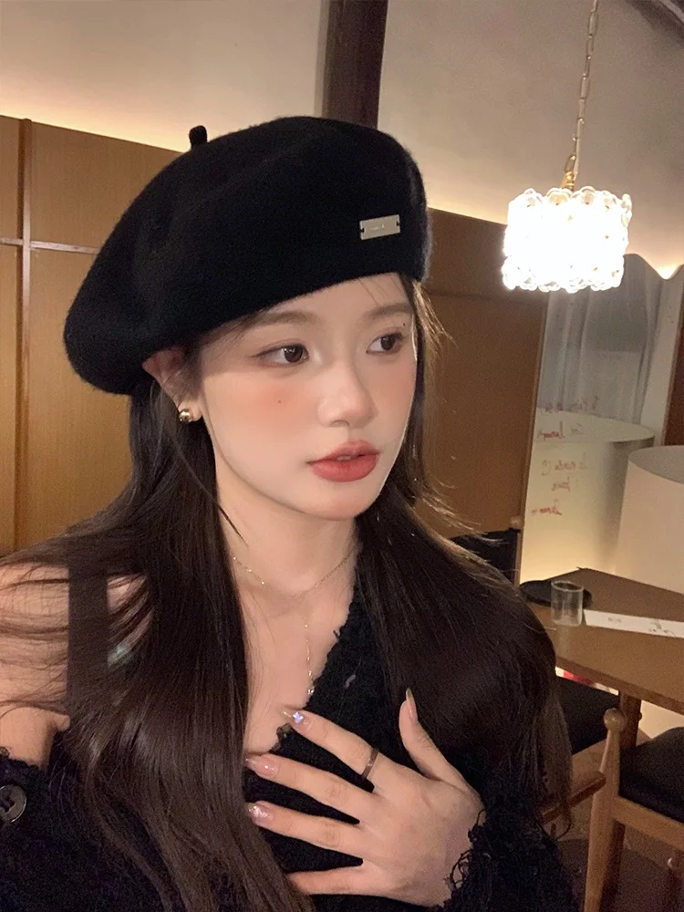 Black Wool Beret Hat Women's New 2023 Autumn Winter Small Face Effect Painter Cloud Hat Octagonal Hat Casual Style round Top