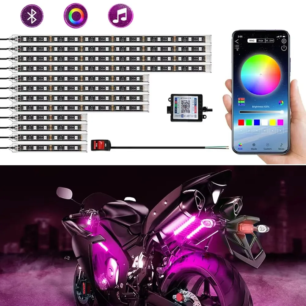 RGB LED Motorcycle under Glow Light Neon Decor Lamp Kit with APP Control for Bike Lighting