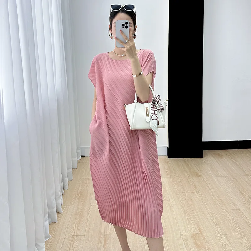 Miyake Dress 2023 Summer New Versatile Solid Color Temperament Commuter Casual Fashion Round Neck Mid length Dresses for Women