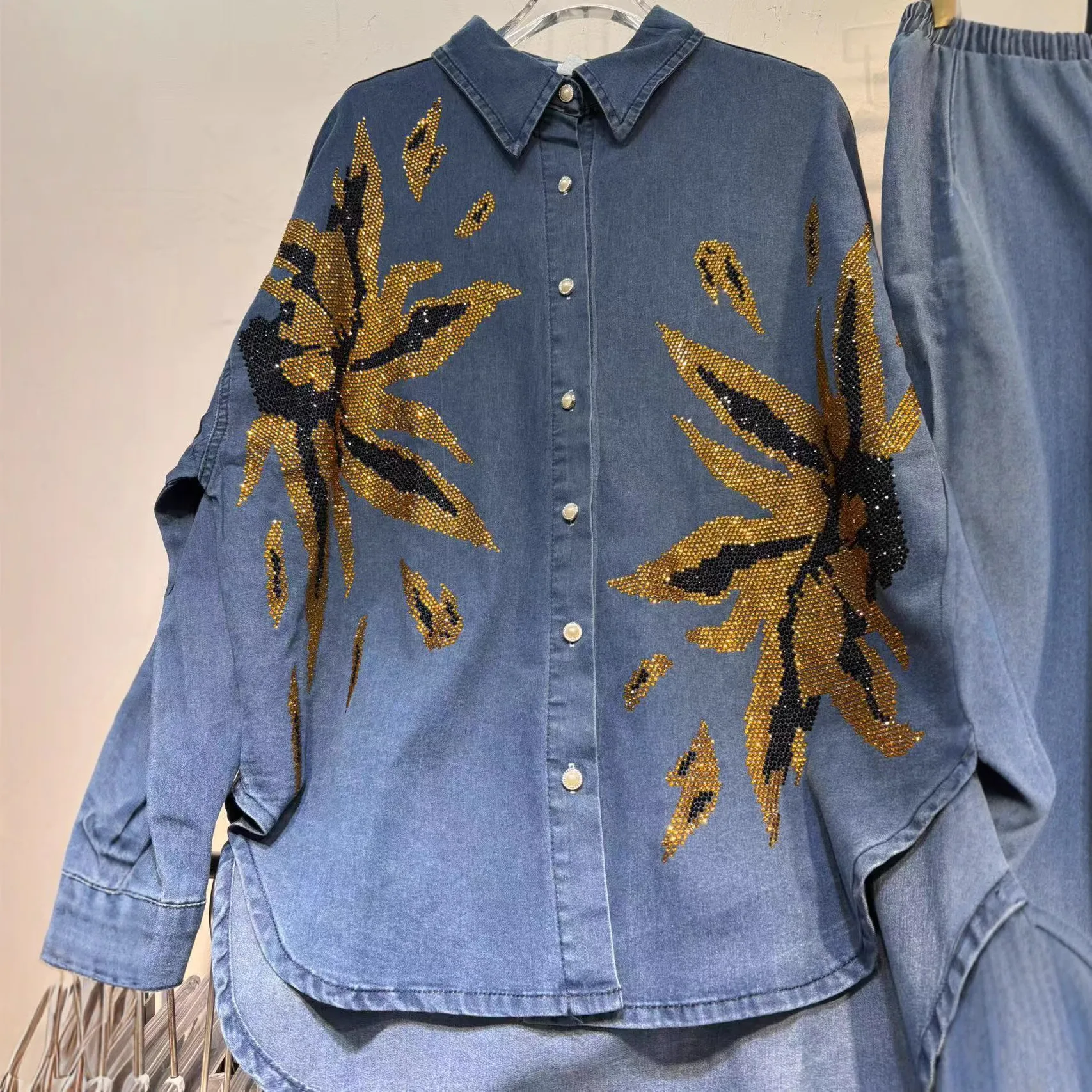 

Streetwear Fashion Women Denim Set New Autumn Hot Drilling Long Sleeve Denim Cardigans Shirt Elastic Waist Casual Straight Jeans