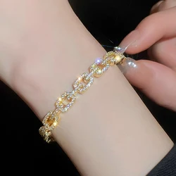 JUWANG 14K Gold Plated Zircon Inlaid Chain Open Bracelet New Super Flash Temperament High-End Bracelet Fashion Jewelry 2023