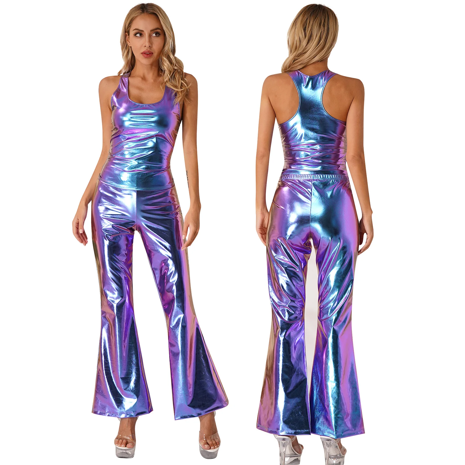 

Womens Latin Jazz Dance Costume Sleeveless Tank Top with Elastic Waistband Flare Pants 70's Theme Party Disco Dancing Clubwear