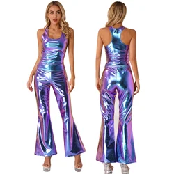 Womens Latin Jazz Dance Costume Sleeveless Tank Top with Elastic Waistband Flare Pants 70's Theme Party Disco Dancing Clubwear