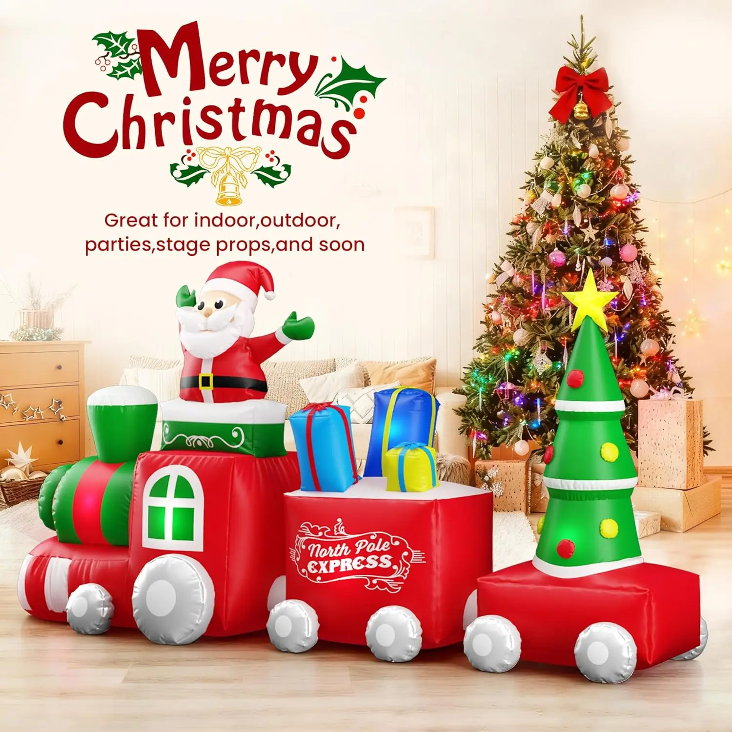 Christmas Inflatable Train Decoration 10FT with Santa Claus Gift Boxes Christmas Trees Built-in Lights Yard Decor for 2026