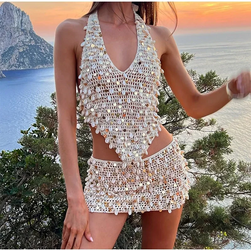 

Sexy Hollow Out Sequined Knitted Skirts Sets Women Halter Sleeveless Top Mini A-line Skirt 2025 Summer Lady Chic Beach Robes New