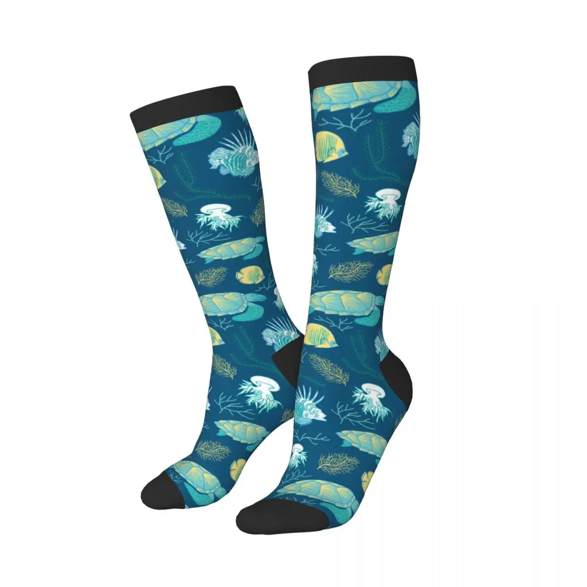 Ocean Animals Fire Fish Turtle Jellyfish And Corals Socks Harajuku Business Sports Outdoor Long Sox