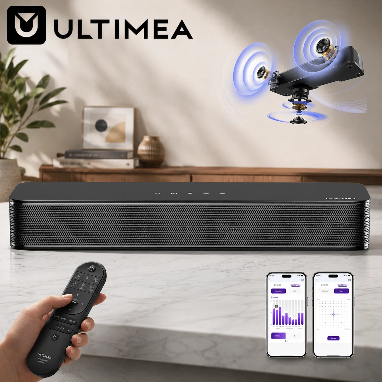 ULTIMEA All-in-One 2.1 Soundbar mit Integriertem Subwoofer, Kompaktes Design PC-Soundbar, Smart App-Steuerung, BassMX ™   Technologie, 121 EQ-Voreinstellungen & 10-Band-EQ