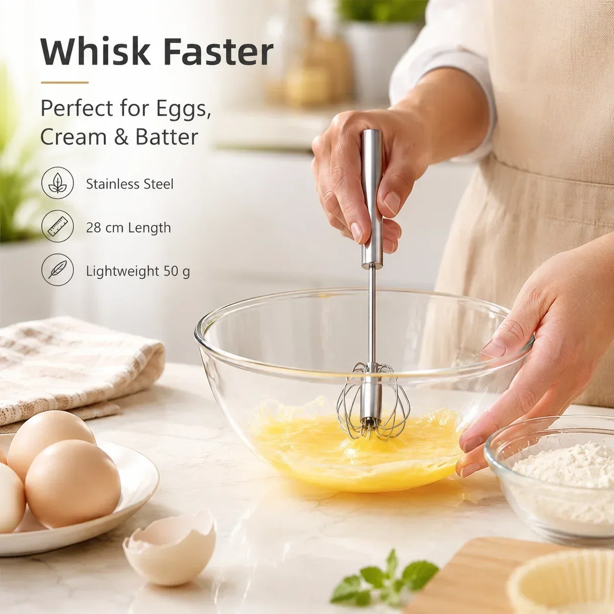 Stainless Steel Egg Whisk, Manual Hand Mixer with Press-Type Self-Turning Egg Stirrer for Baking & Cooking