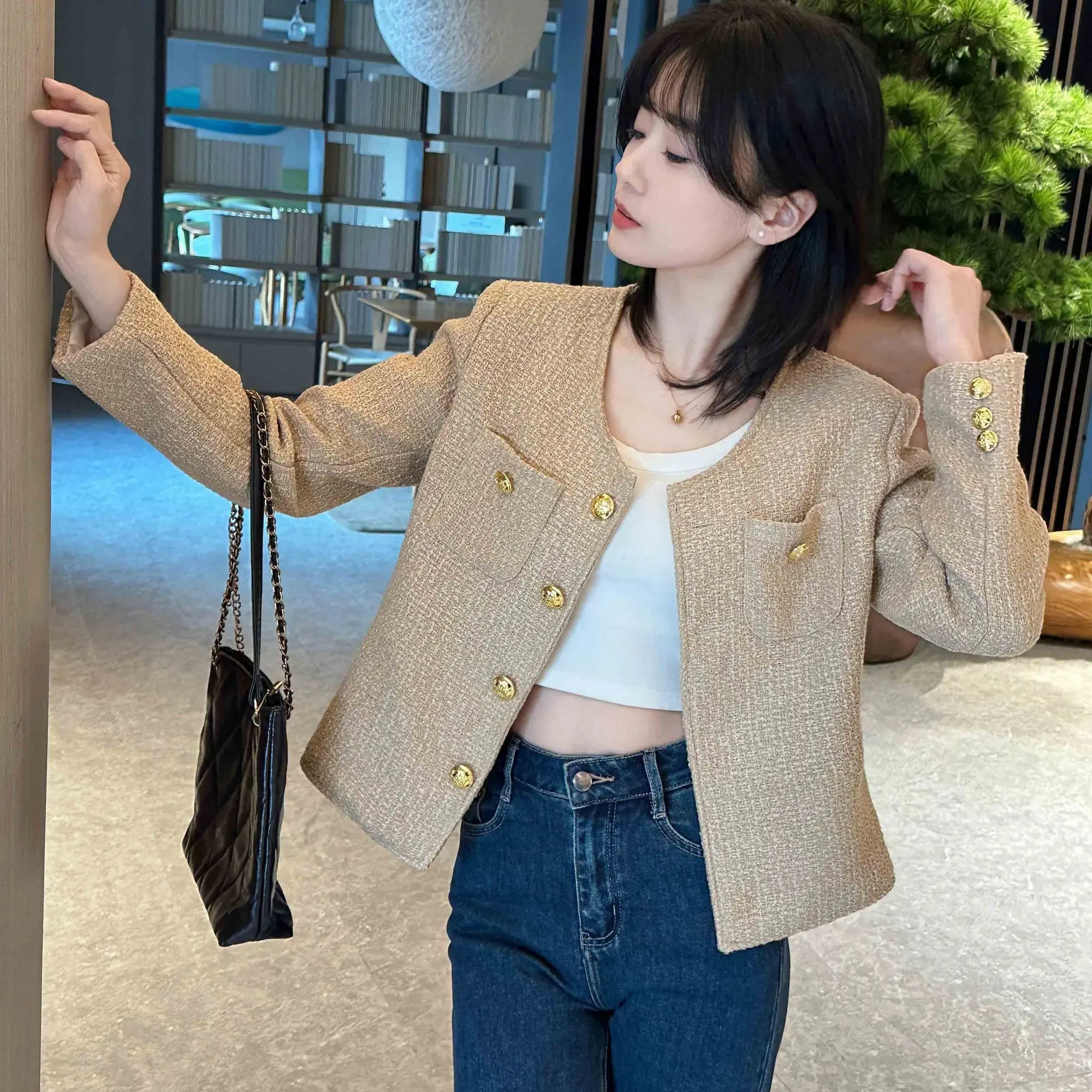 

New Spring and Autumn Short Jacket for Women Round Neck Long Sleeves Versatile Fashion Korean Style Casual Loose Versatile Top