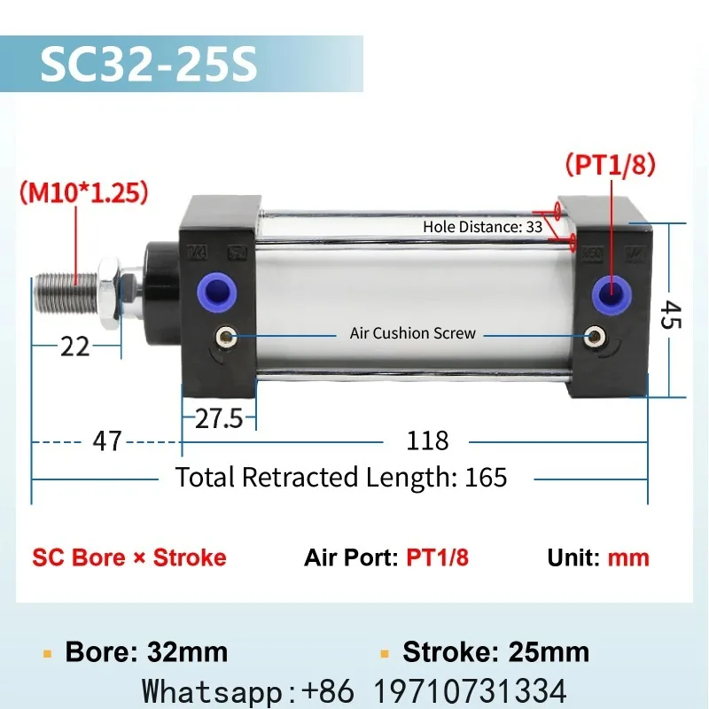 SC32 Pneumatic Cylinder Heavy Duty High Force SC Series Air Cylinder Compact Tie Rod Type Magnetic Piston Adjustable Stroke