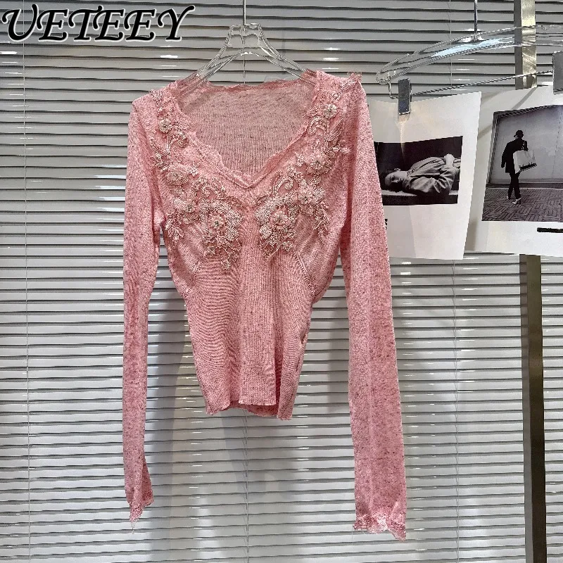 

Spring and Autumn New Sweet Girls Temperament V-neck Pullover Versatile Lace Edge Flower Beaded Knitted Sweater for Women