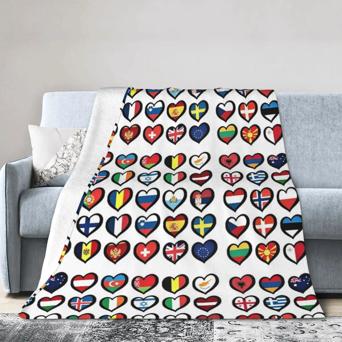 Eurovision Song Contest Flags Hearts Blanket Soft Warm Flannel Throw Blanket Bedspread for Bed Living room Picnic Travel Home