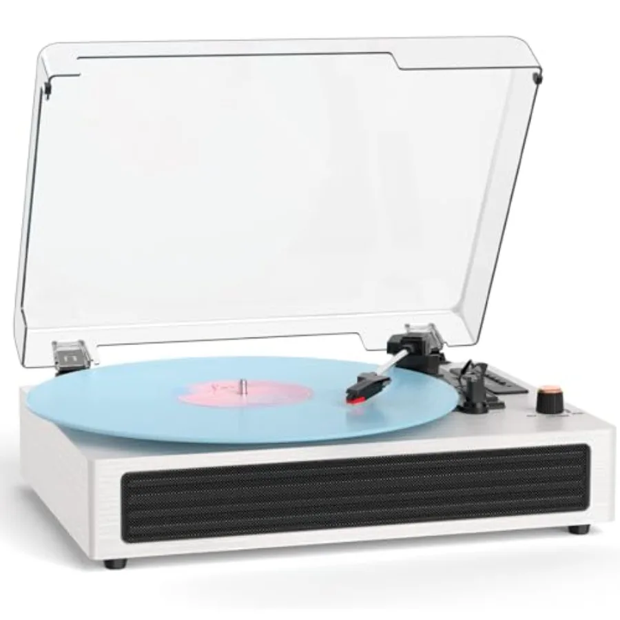 

White 3-Speed Retro Vinyl Player with Built-in Speakers Bluetooth Turntable Belt-Drive LP Player AUX in Auto Stop USB Recording