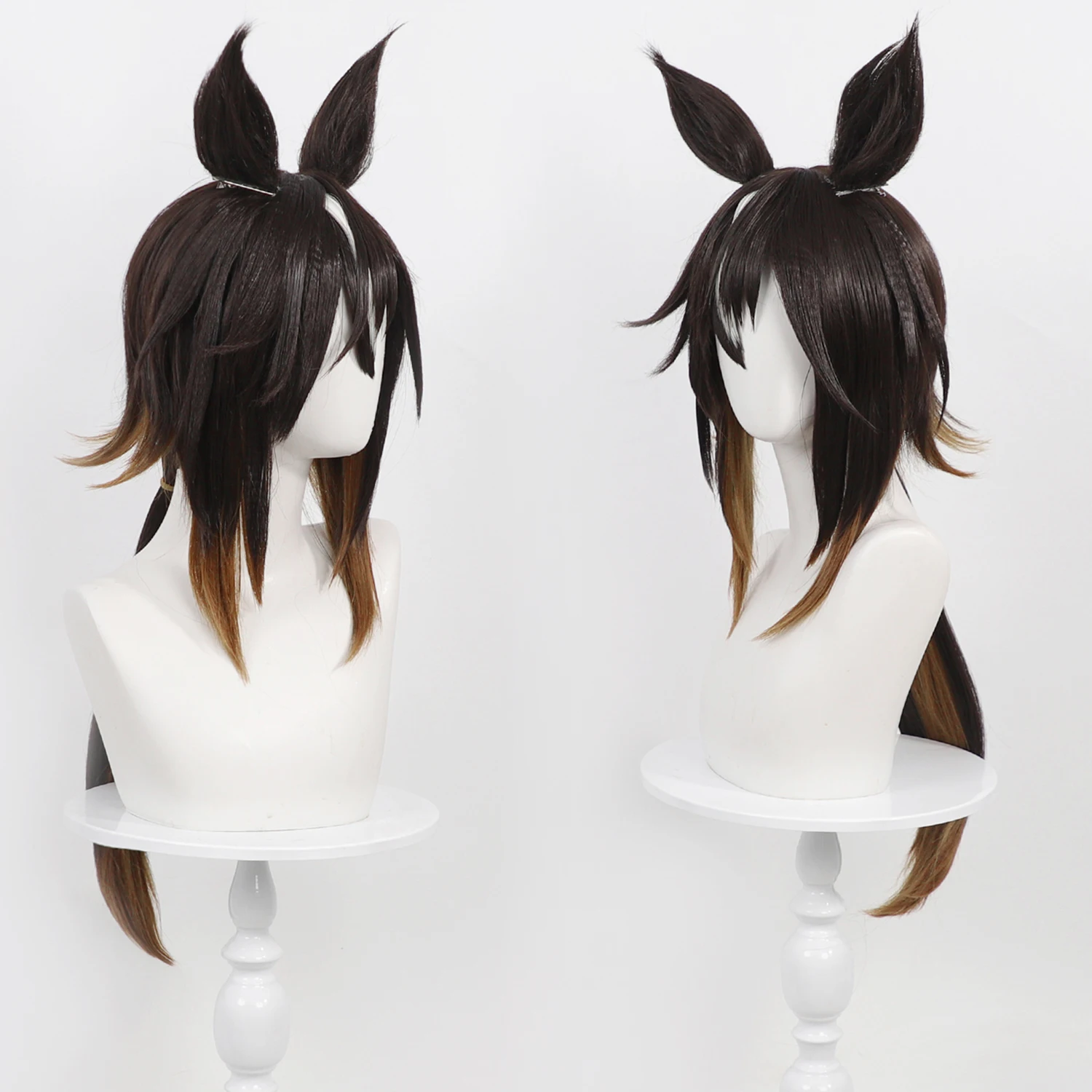 Anime Stay Gold Uma Musume Pretty Derby Cosplay Wig Gradient Black‑Brown Synthetic Wig Scalp Top Optional Horse Ears Tail Cos