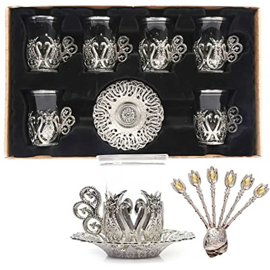 

SET OF 6 Handmade Turkish Tea Water Zamzam Serving Set Glasses Saucer and Spoon (Ottoman (Silver)