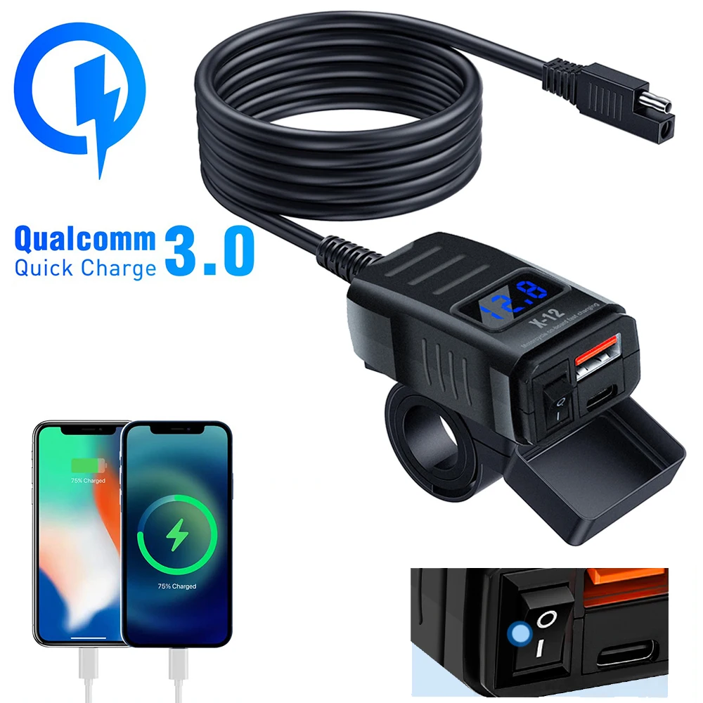 

Motorcycle Vehicle-Mounted Charger Waterproof Adapter 12V-24V Phone USB PD Ports Quick Charge 3.0 With Switch Digital Voltmeter