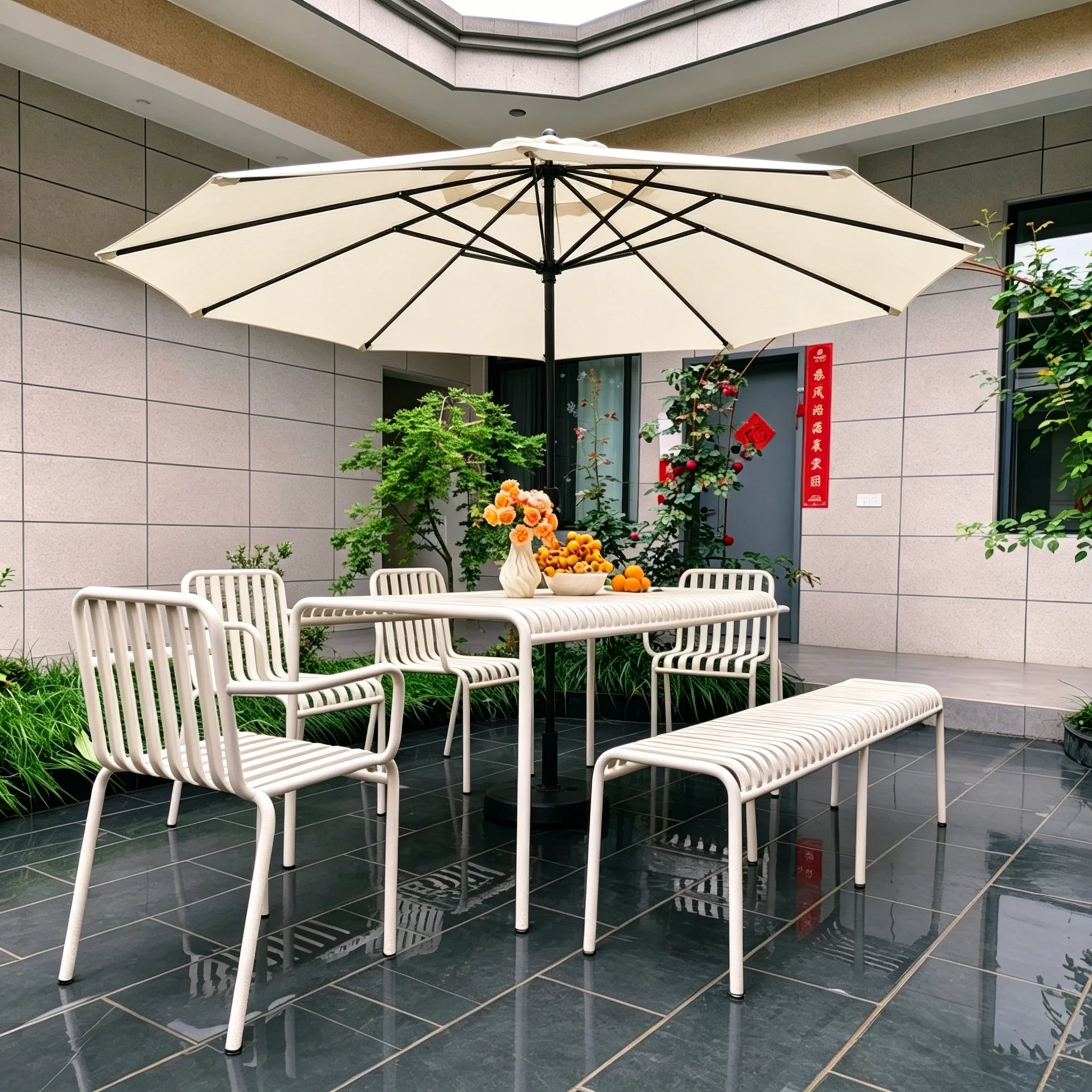 & Outdoor table and chair set with sunshade for villa courtyard terrace, iron long table and chair combination set