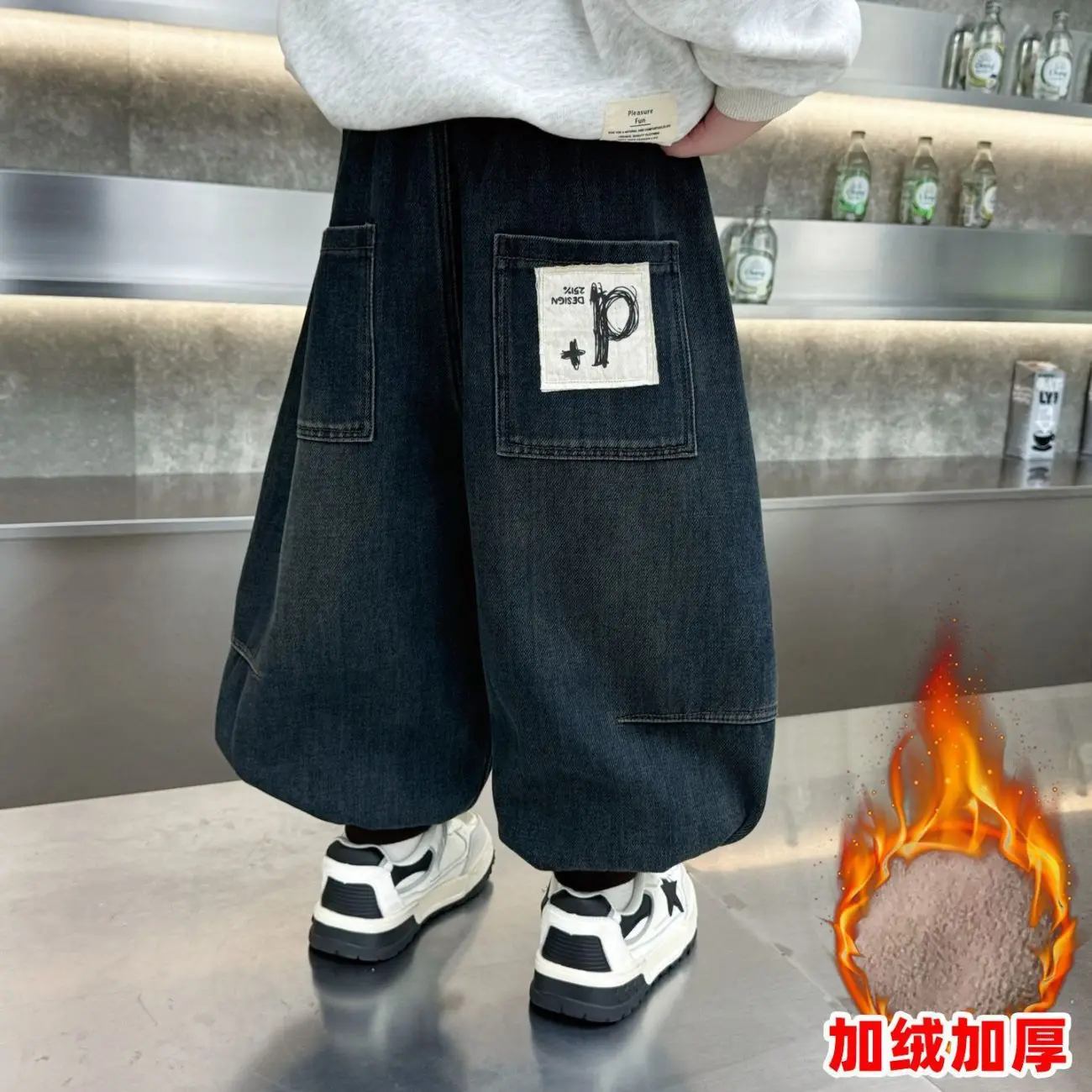 2026 Kids Boys Fleece Jeans RAISE Winter Children Boys Letter Printed Plush Denim Pants Loose Integrated Toddler Boys Trousers