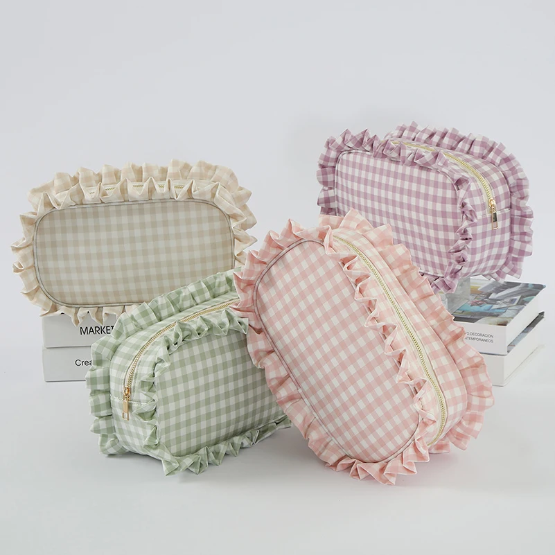 5pcs Makeup Bags Women Polyester Grid Printing With Lace rectangle Protable Travel Storage Bag With Lace
